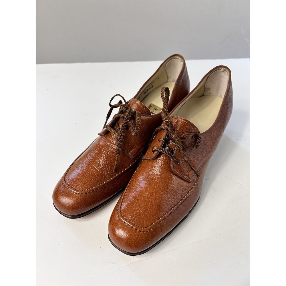 Women's VTG Shoes FTP 7N NEW Deadstock Laced Leather Loafer‎ Comfort Heel Brown